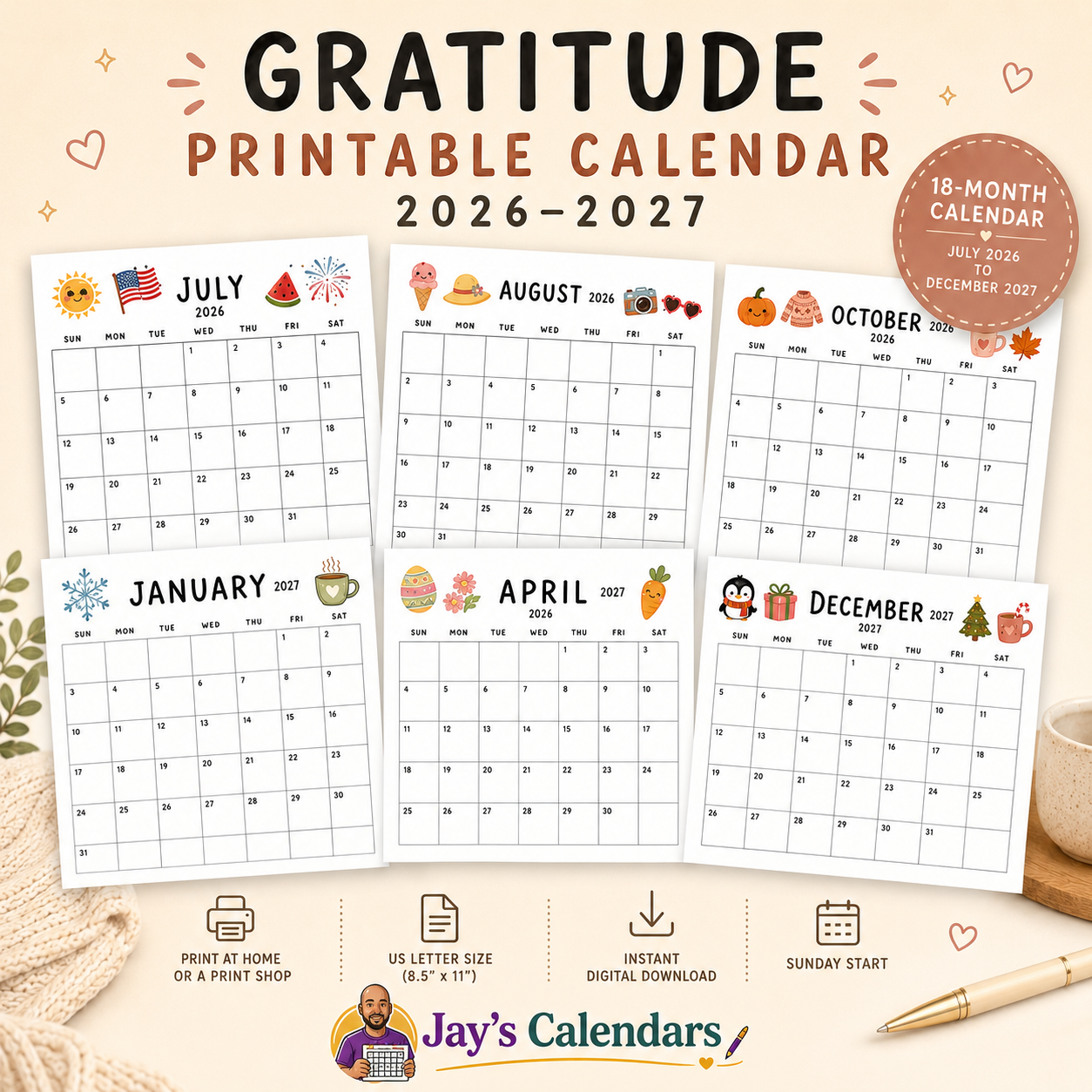 Gratitude Printable Calendar 2026-2027 | 18-Month Instant Digital Download