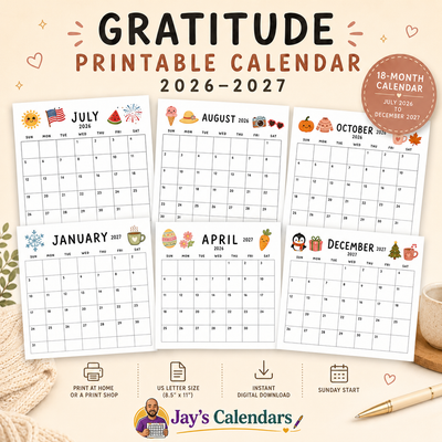 Gratitude Printable Calendar 2026-2027 - 18-month cover showing July 2026 through December 2027 monthly pages with cute seasonal doodles