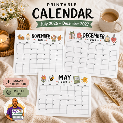What's Included - 18 monthly printable calendar pages July 2026 to December 2027 with gratitude-themed artwork