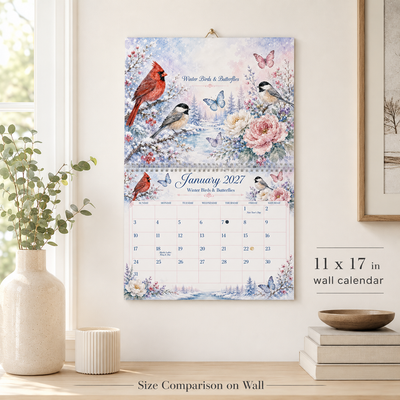 Watercolor Birds & Butterflies Wall Calendar 2027 shown in home lifestyle setting — 2027 themed wall calendar by Jays Calendars