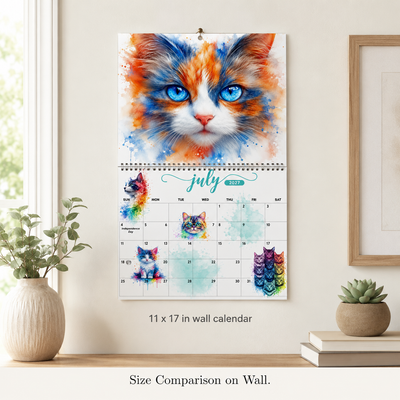 Watercolor Cats 2027 Wall Calendar size comparison on wall — 11x17 inches