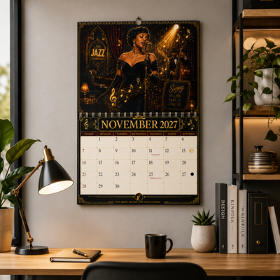 Jazz Instruments 2027 Wall Calendar shown in home lifestyle setting — 2027 themed wall calendar by Jays Calendars