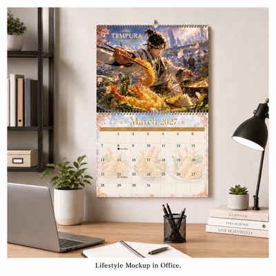 Neo Osaka Kitchen Wars 2027 Wall Calendar shown in home lifestyle setting — 2027 anime themed wall calendar by Jays Calendars