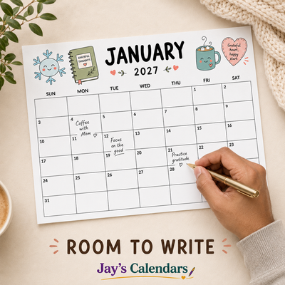 Details you'll love - cute monthly doodles large writing boxes clean Sunday start layout gratitude calendar
