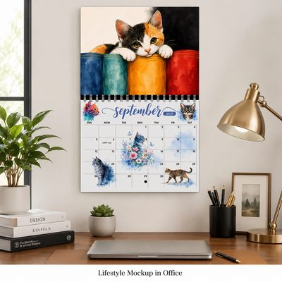 Watercolor Cats 2027 Wall Calendar displayed in home office lifestyle setting
