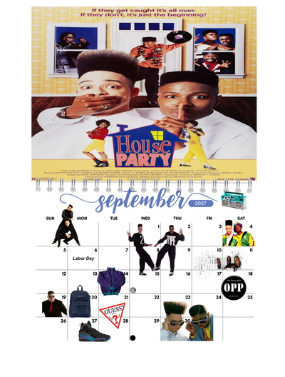 90's Hip-Hop Wall Calendar 2027 size comparison on wall — 11x17 inches, 2027 spiral-bound wall calendar by Jays Calendars