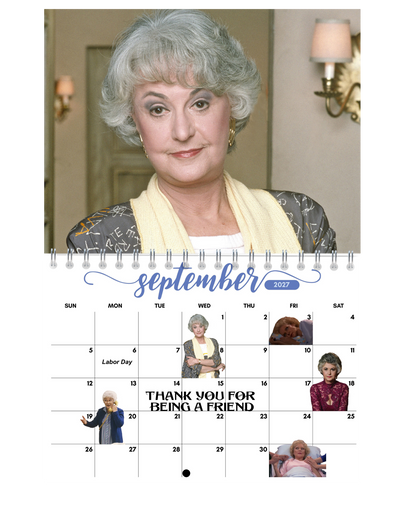 The Golden Girls Wall Calendar 2027 size comparison on wall — 11x17 inches, 2027 spiral-bound wall calendar by Jays Calendars