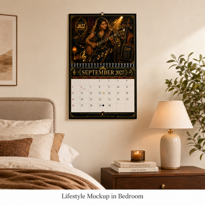 Jazz Instruments 2027 Wall Calendar size comparison on wall — 11x17 inches, 2027 spiral-bound wall calendar by Jays Calendars