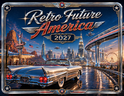 Retro Future America 2027 wall calendar cover art — chrome vintage convertible driving through a retro-futuristic desert city with UFOs, a monorail, and a Ferris wheel skyline