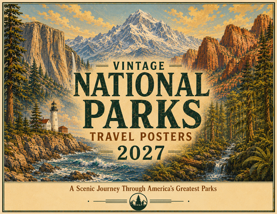 Vintage National Parks travel posters wall calendar 2027