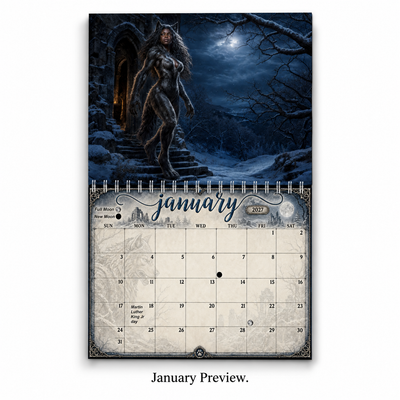 January 2027 calendar page — a she-wolf stands guard at snow-covered ruins beneath a cold full moon, above the January date grid