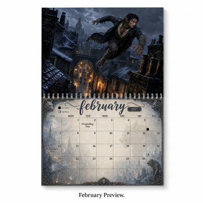 February 2027 calendar page — a werewolf leaps across the rain-slicked rooftops of a gaslit Victorian city, above the February date grid