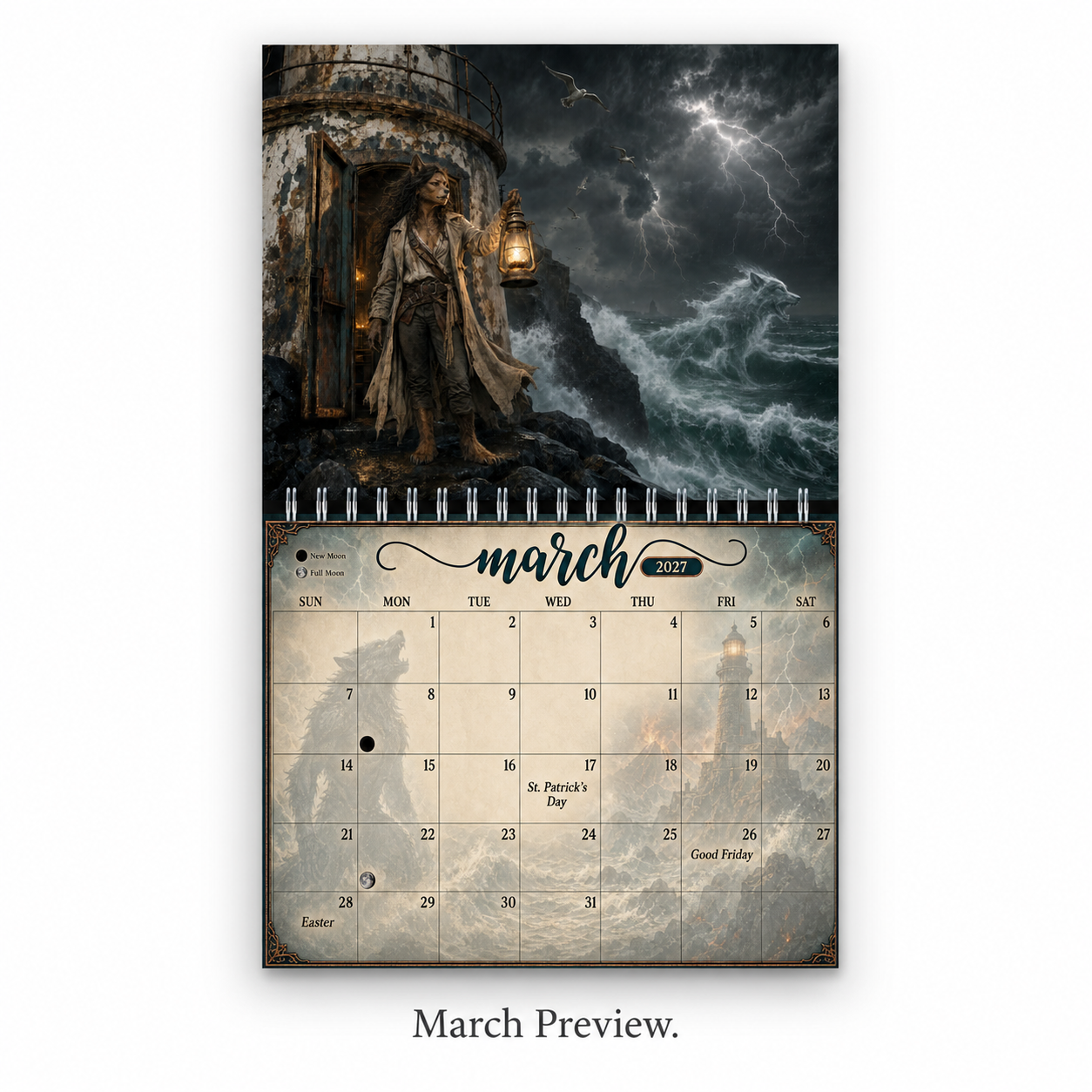 March 2027 calendar page — a werewolf lighthouse keeper raises a lantern into a sea storm as a wolf rises from the waves, above the March date grid