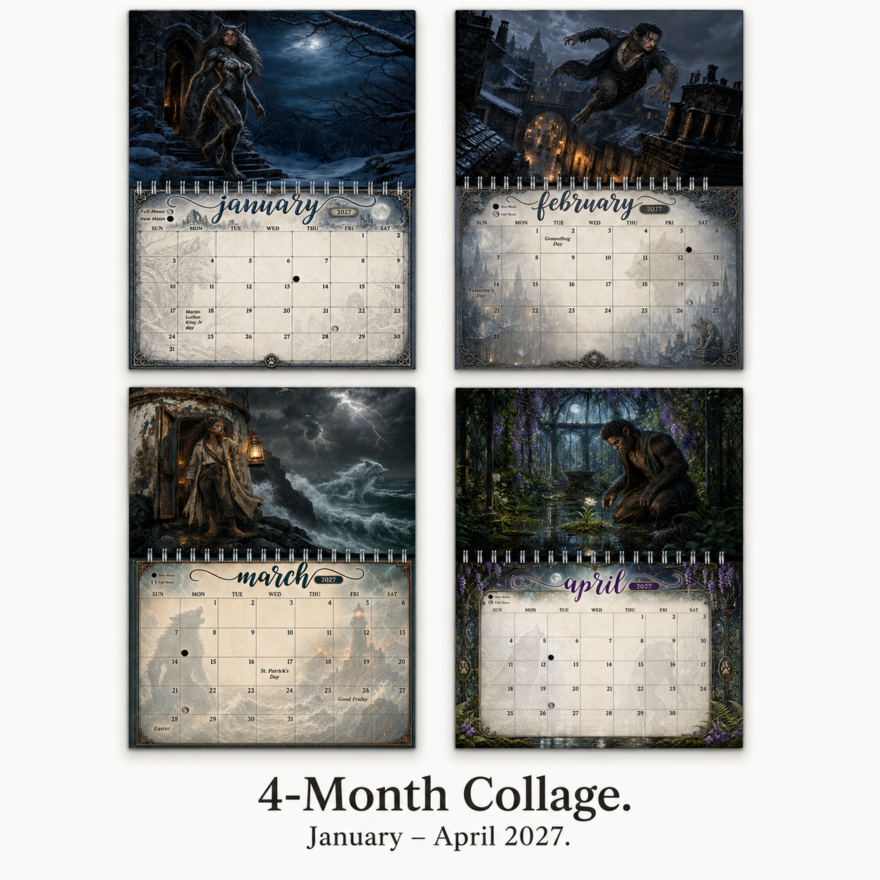 Four-month preview collage of The Moonbound Pack 2027 wall calendar, January through April
