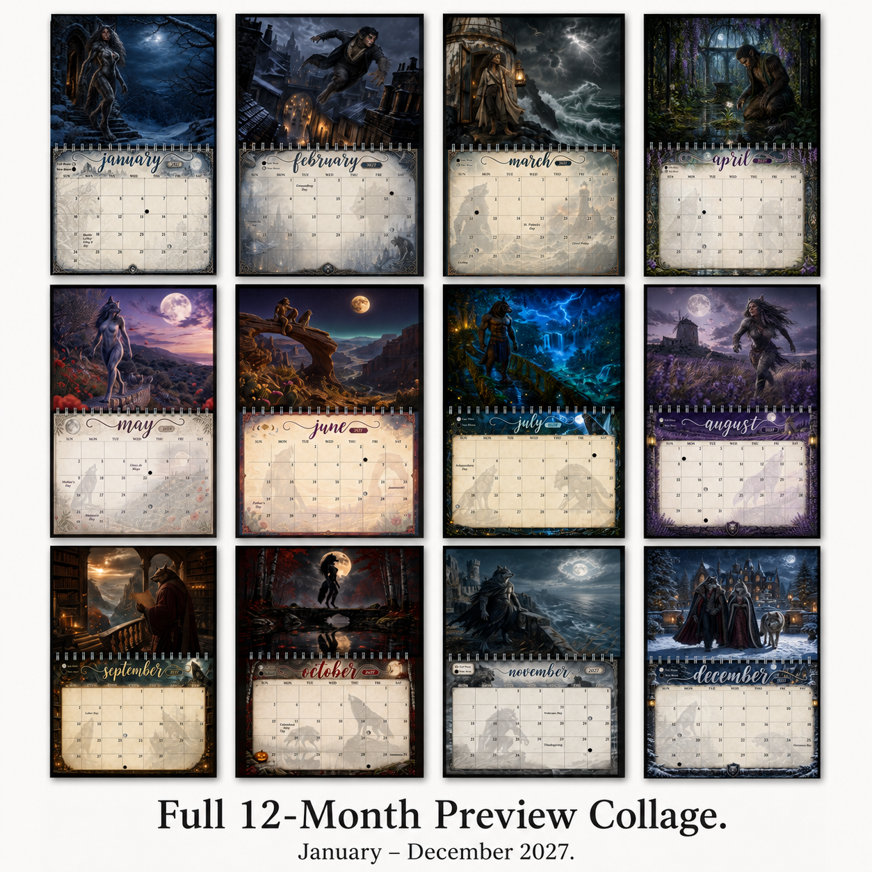 Full twelve-month preview collage of The Moonbound Pack 2027 wall calendar, January through December