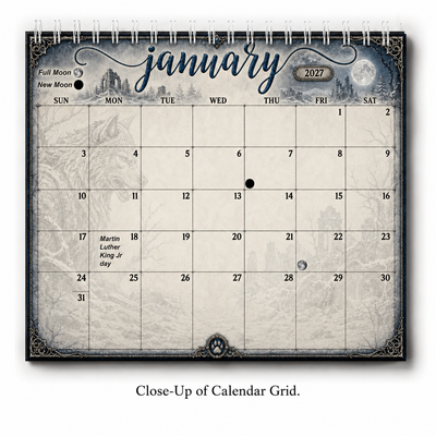 Close-up of the January 2027 date grid with large numbered squares, U.S. holidays, and new and full moon phases marked
