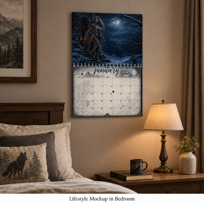 The Moonbound Pack 2027 wall calendar displayed on a bedroom wall beside a nightstand and lamp