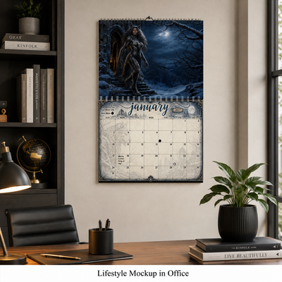 The Moonbound Pack 2027 wall calendar displayed on an office wall above a desk