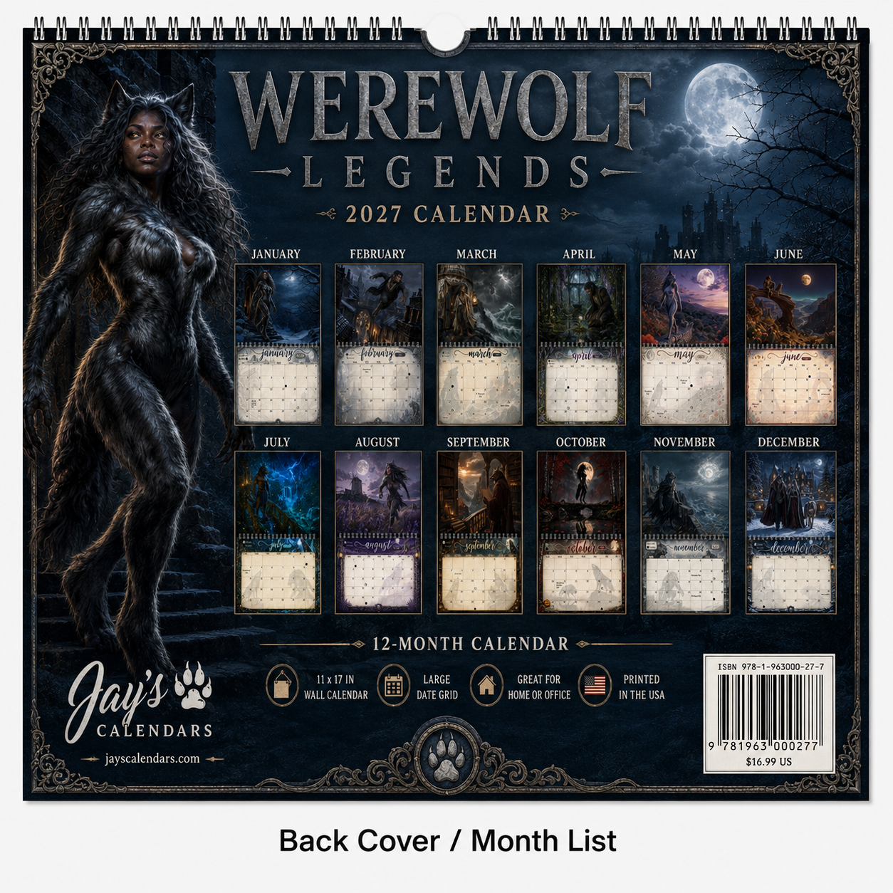 Back cover of the 2027 werewolf wall calendar showing thumbnails of all twelve monthly artworks