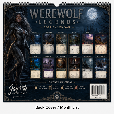Back cover of the 2027 werewolf wall calendar showing thumbnails of all twelve monthly artworks