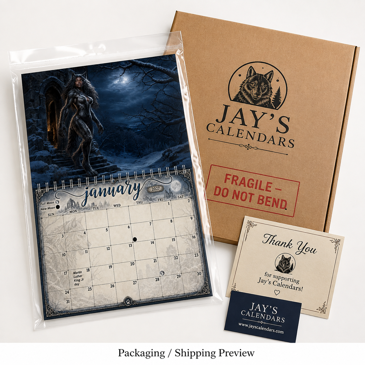 The Moonbound Pack 2027 wall calendar in a protective sleeve with the Jay's Calendars rigid mailer and thank-you card
