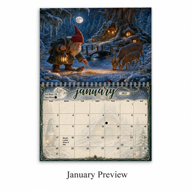 Whispers of the Gnomewood 2027 Wall Calendar — Whimsical Gnome Art | 11x17 Spiral-Bound