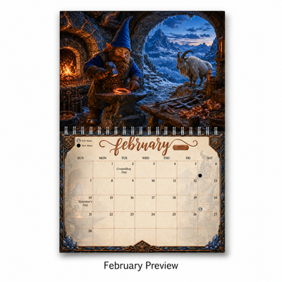 February 2027 page of the Whispers of the Gnomewood gnome wall calendar — a blue-hatted gnome blacksmith at a mountain forge with a wild goat on the snowy pass