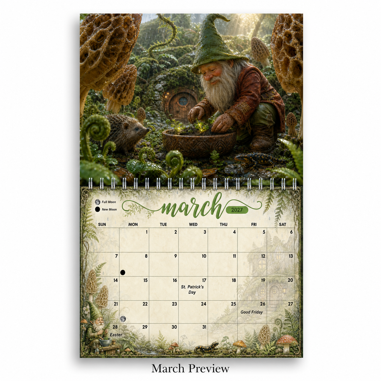 March 2027 page of the Whispers of the Gnomewood gnome wall calendar — a gnome planting seedlings in the spring rain among morel mushrooms, ferns and a hedgehog