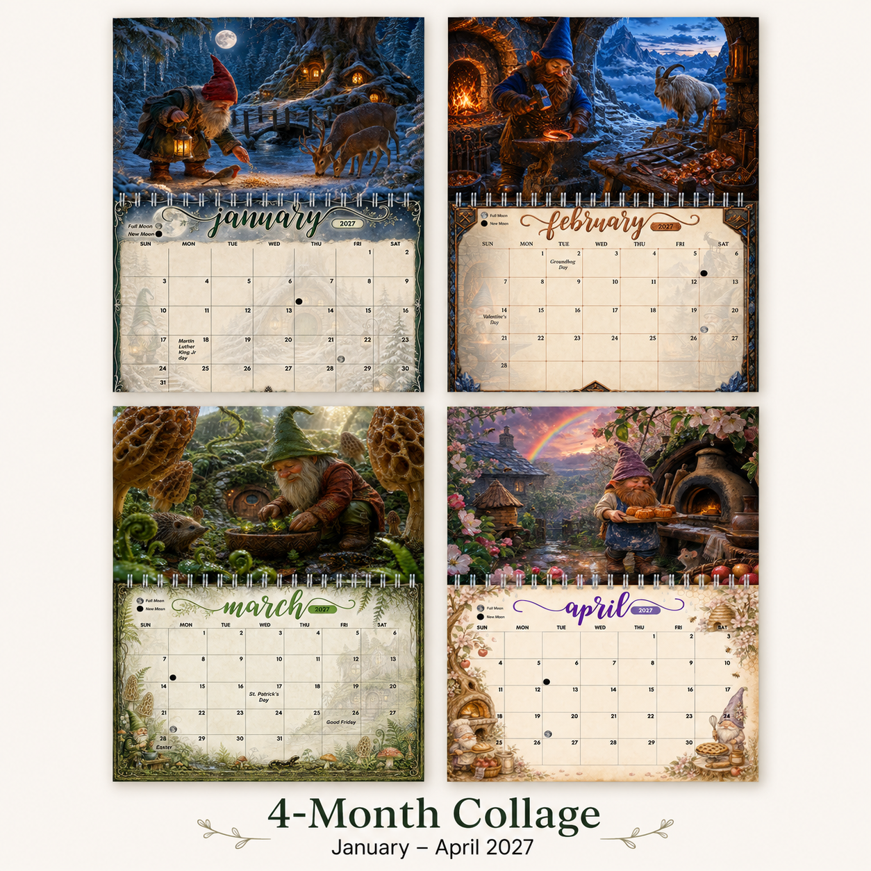 Four-month preview of the Whispers of the Gnomewood 2027 gnome calendar showing the January, February, March and April pages side by side