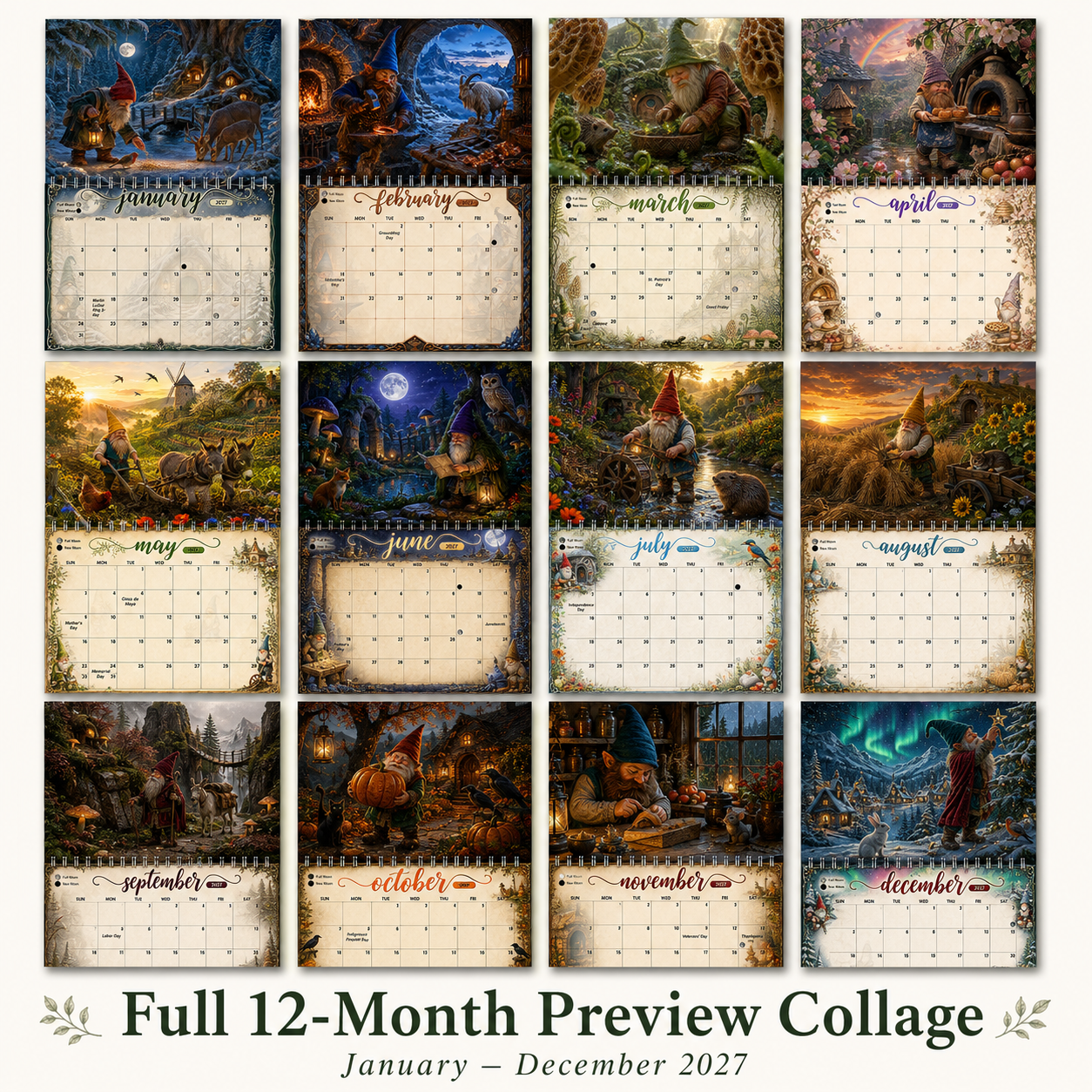 Full twelve-month preview of the Whispers of the Gnomewood 2027 gnome wall calendar, January through December, with all monthly gnome artwork