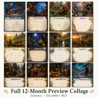 Full twelve-month preview of the Whispers of the Gnomewood 2027 gnome wall calendar, January through December, with all monthly gnome artwork