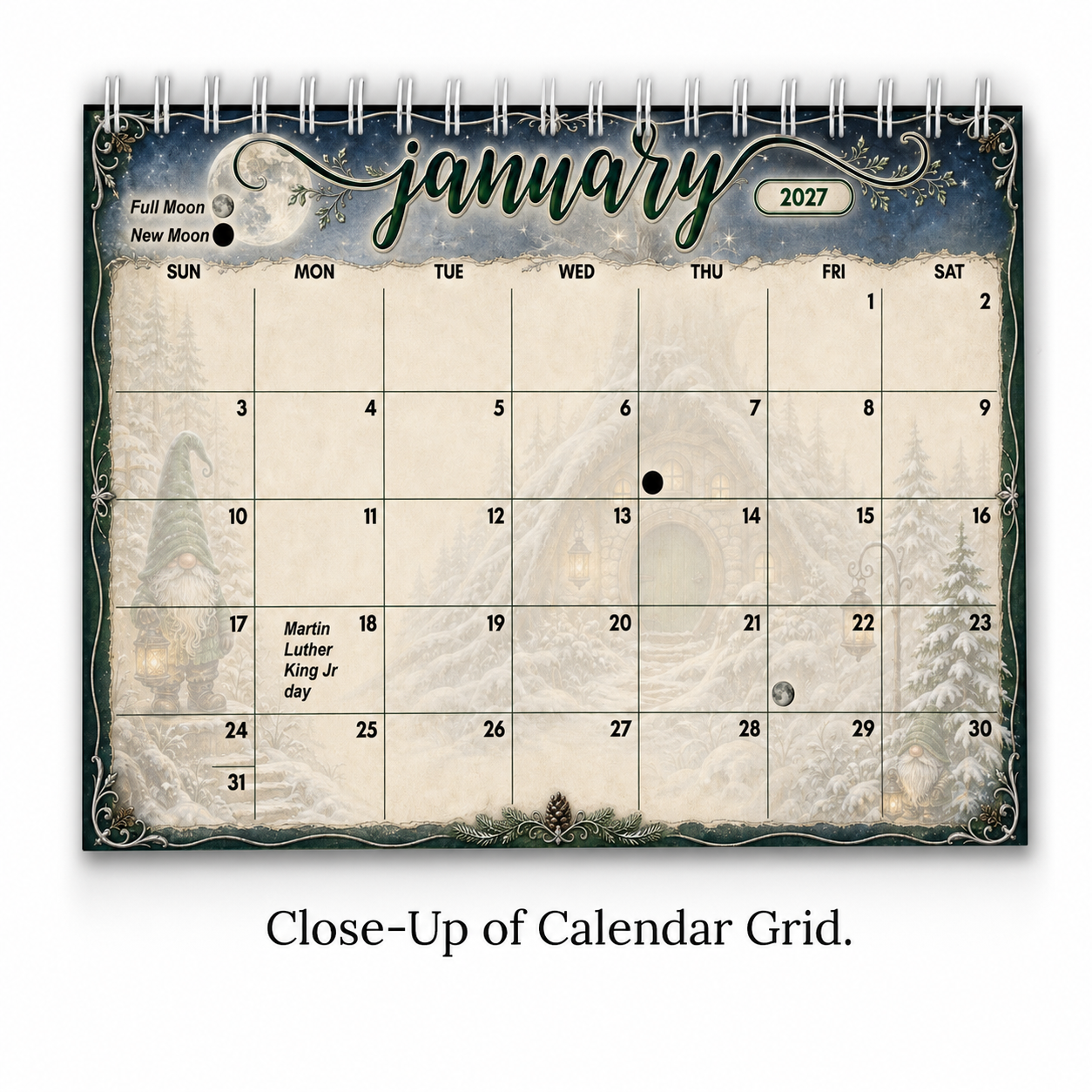 Close-up of the Whispers of the Gnomewood 2027 calendar date grid — large write-in squares with U.S. holidays, moon phases and painted gnome borders