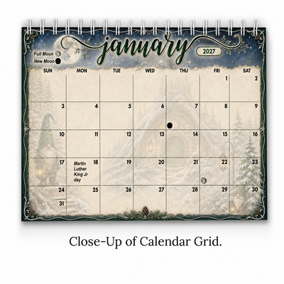 Close-up of the Whispers of the Gnomewood 2027 calendar date grid — large write-in squares with U.S. holidays, moon phases and painted gnome borders