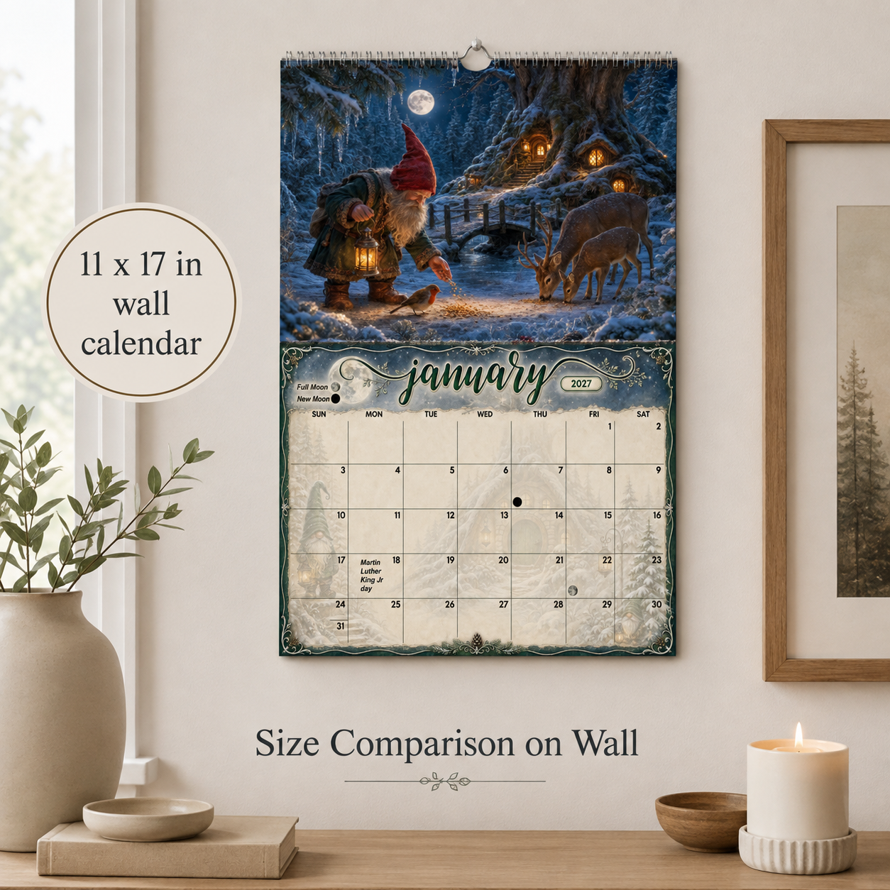 Size comparison of the Whispers of the Gnomewood 2027 gnome calendar on a wall — 11x17 inch spiral-bound wall calendar with metal hanger