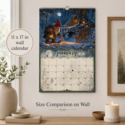 Size comparison of the Whispers of the Gnomewood 2027 gnome calendar on a wall — 11x17 inch spiral-bound wall calendar with metal hanger