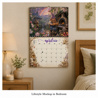 Whispers of the Gnomewood 2027 gnome calendar hanging in a bedroom, showing the April page with a gnome baker, apple blossoms and a rainbow