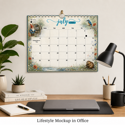 Whispers of the Gnomewood 2027 gnome calendar hanging above a home office desk, showing the July page with a gnome at the water mill
