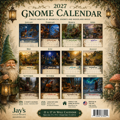 Back cover of the 2027 Gnome Calendar by Jay's Calendars — all twelve monthly gnome illustrations, 11x17 wall calendar, printed in the USA