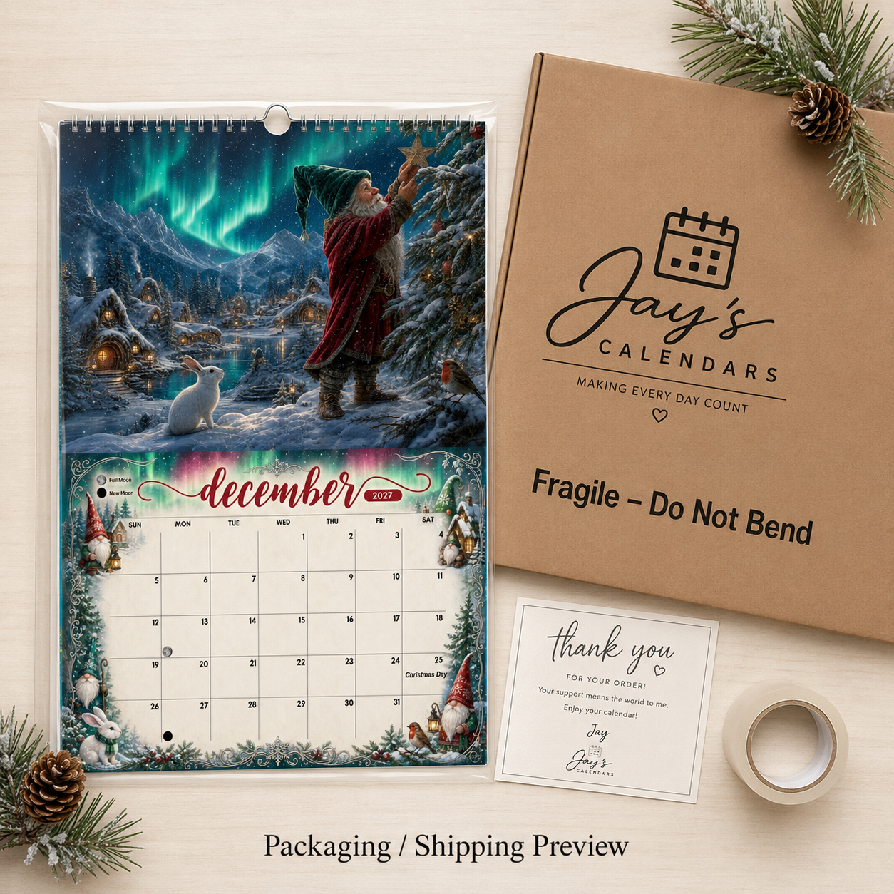Whispers of the Gnomewood 2027 gnome calendar packaging — calendar sleeved beside a Jay's Calendars mailer box and handwritten thank-you card
