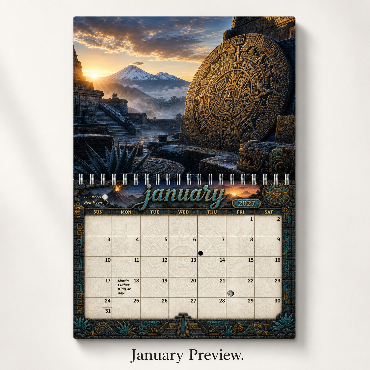 January 2027 Aztec calendar page — a golden Aztec sun stone beside stepped temple ruins at sunrise with twin snow-capped volcanoes, above the January date grid