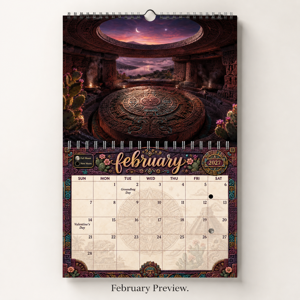 February 2027 Aztec calendar page — an Aztec sun stone set into a circular temple floor open to a crescent-moon sky, blooming cactus around it, above the February date grid