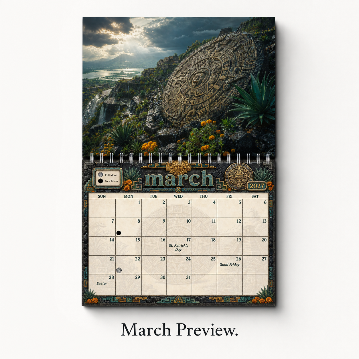 March 2027 Aztec calendar page — an Aztec sun stone carved into a cliffside above a lake valley with waterfalls, marigolds and agave, above the March date grid
