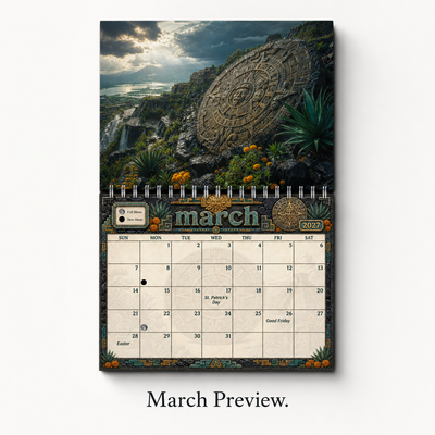 March 2027 Aztec calendar page — an Aztec sun stone carved into a cliffside above a lake valley with waterfalls, marigolds and agave, above the March date grid