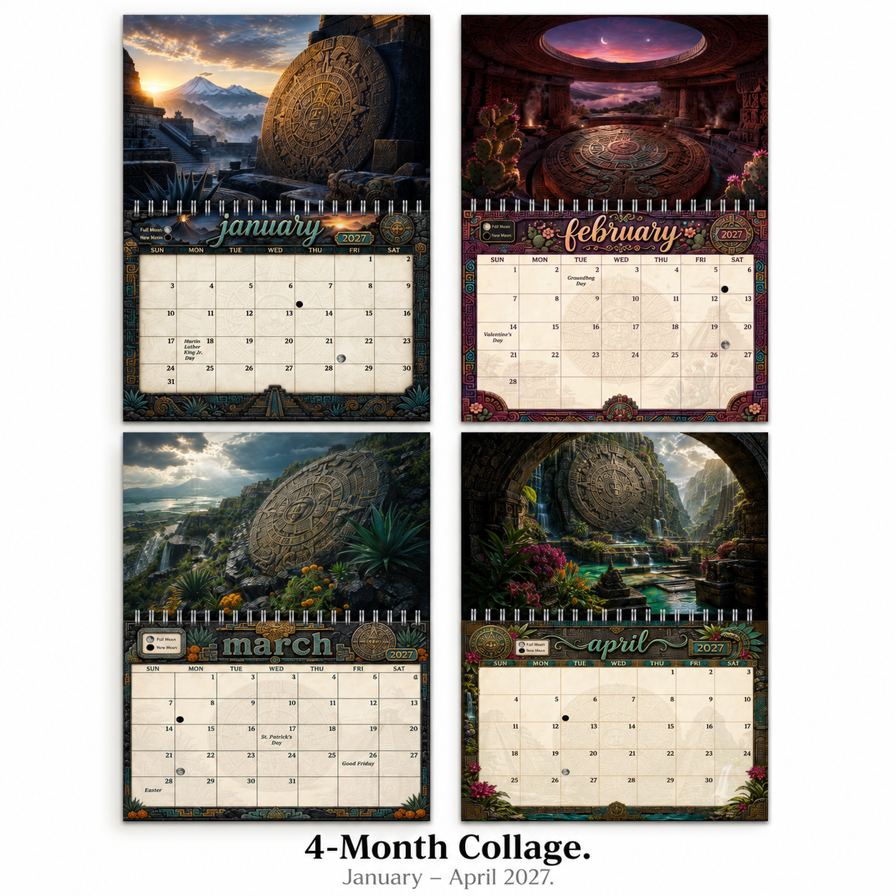 Four-month preview collage of the Aztec Sun Stone 2027 wall calendar, January through April