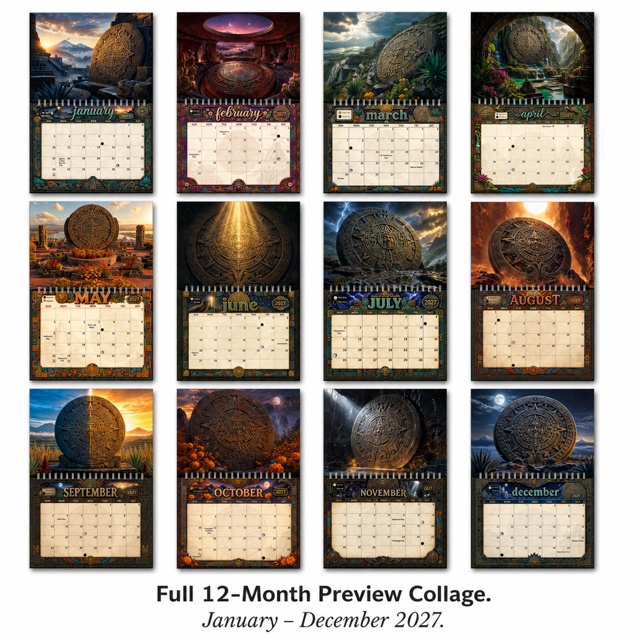Full twelve-month preview collage of the Aztec Sun Stone 2027 wall calendar, January through December