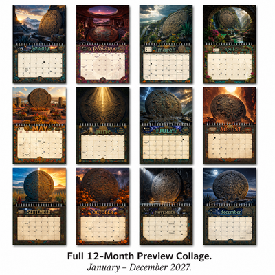 Full twelve-month preview collage of the Aztec Sun Stone 2027 wall calendar, January through December