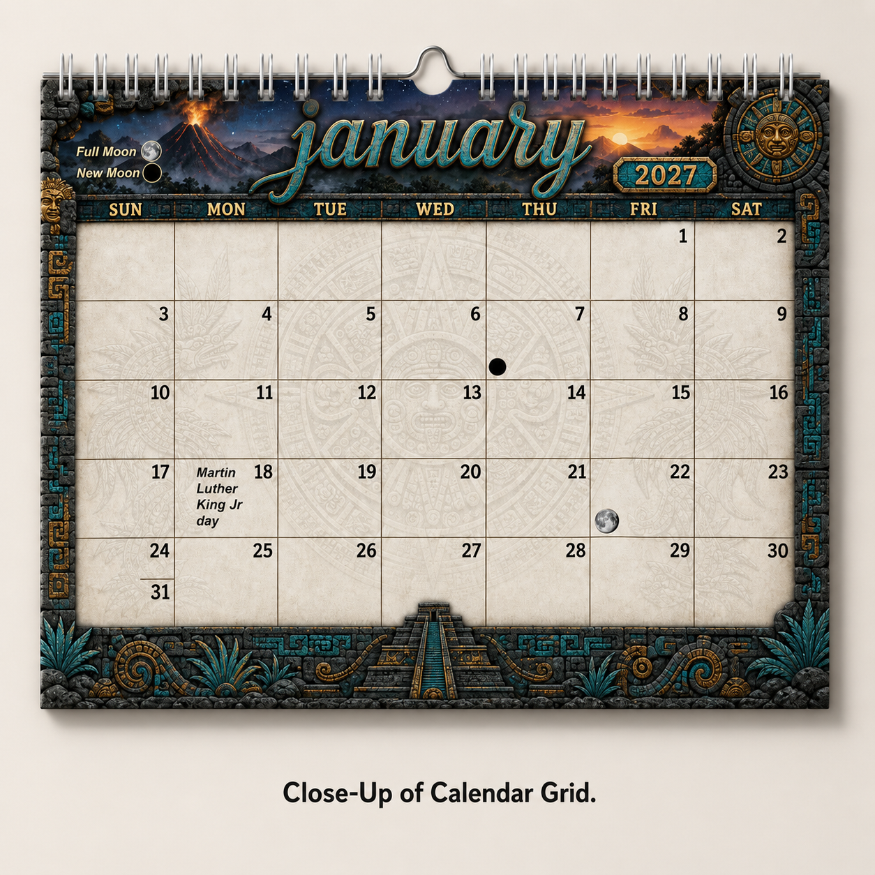 Close-up of the January 2027 date grid with large numbered squares, U.S. holidays, and new and full moon phases marked, framed by Aztec glyph borders