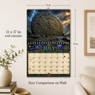 Size comparison of the 11x17 inch Aztec Sun Stone wall calendar hanging on a wall, July page with lightning over the sun stone shown