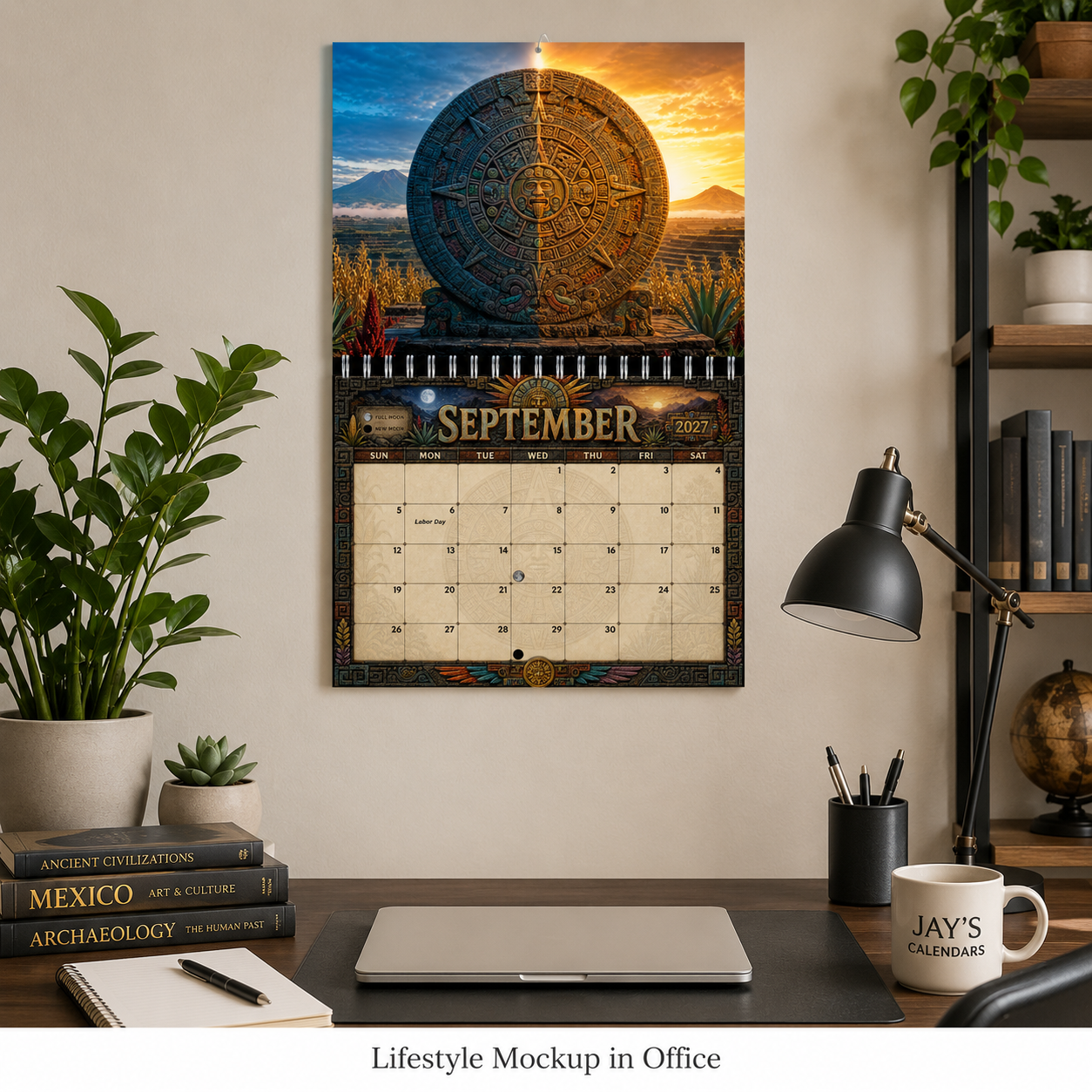 Aztec Sun Stone 2027 wall calendar displayed on an office wall above a desk, September maize field page shown