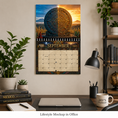 Aztec Sun Stone 2027 wall calendar displayed on an office wall above a desk, September maize field page shown